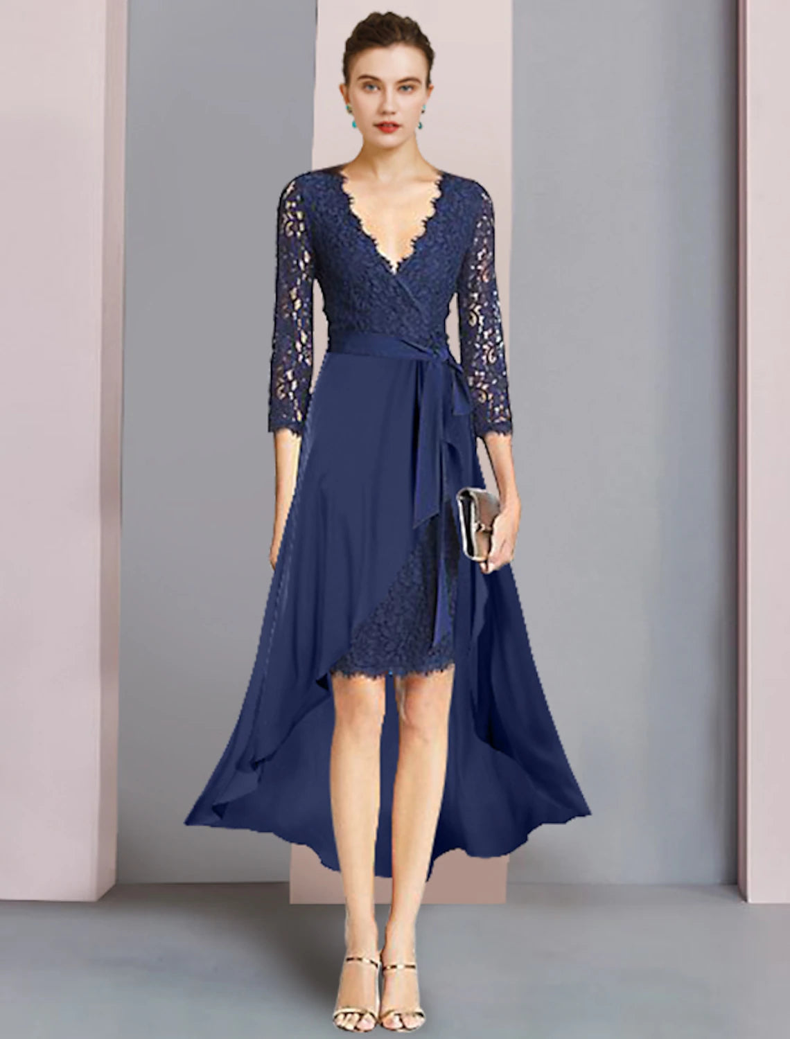 Vestido de dos piezas para madre de la novia, estilo tubo/columna, elegante, para invitada de boda, escote en V, largo hasta la rodilla, de gasa, con encaje, mangas 3/4 y lazo(s).